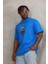 Unisex Oversize Baskılı Bisiklet Yaka T-Shirt - Mavi 2