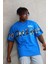 Unisex Bisiklet Yaka Baskılı Oversize T-Shirt - Mavi 1