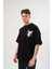 Unisex Bisiklet Yaka Baskılı Oversize T-Shirt - Siyah 1