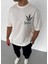 Unisex Bisiklet Yaka Baskılı Oversize T-Shirt - Beyaz 1
