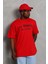 Unisex Oversize Baskılı Bisiklet Yaka T-Shirt - Kırmızı 4