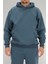 Erkek Petrol Mavisi Oversize Kapüşonlu Sweatshirt 3 Iplik Şardonlu Kanguru Cepli 1