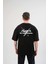 Unisex Bisiklet Yaka Baskılı Oversize T-Shirt - Siyah 2