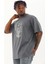 Unisex Oversize Taşlı Bisiklet Yaka T-Shirt - Füme 1