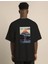 Unisex Bisiklet Yaka Baskılı Oversize T-Shirt - Siyah 4