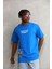 Unisex Bisiklet Yaka Baskılı Oversize T-Shirt - Mavi 3