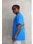 Unisex Bisiklet Yaka Baskılı Oversize T-Shirt - Mavi 6