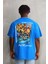 Unisex Bisiklet Yaka Baskılı Oversize T-Shirt - Mavi 7