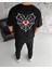 Unisex Bisiklet Yaka Baskılı Oversize T-Shirt - Siyah 2