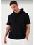 Unisex Kapşonlu Kısa Kol Düz Oversize T-Shirt - Siyah 4