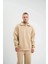 Unisex Double Oversize Patlı Yaka Sweatshirt - Bej 1