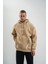 Double Oversize Kapşonlu Şimşek Pano Baskılı Sweatshirt - Bej 7