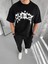 Unisex Bisiklet Yaka Baskılı Oversize T-Shirt - Siyah 1