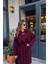 Bordo Kolları Kemerli Arkası Düğmeli Astarlı Oversize Yün Kaban 4