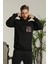 Erkek Oversize Üç Iplik Kapüşonlu Sweatshirt –sırt ve Ön Baskılı, Kanguru Cepli, Rahat Kalıp Maskot Desenli Model - Siyah 1