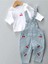 Kiraz Nakışlı Örme Kot Kumaş Salopet T-Shirt Mevsimlik 2li Set 3