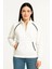 Kadın Oversize Dik Yaka Fermuarlı Sweatshirt - Zincir Nakışli Kanguru Cepli, - Beyaz 1
