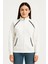 Kadın Oversize Dik Yaka Fermuarlı Sweatshirt - Zincir Nakışli Kanguru Cepli, - Beyaz 2