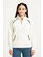 Kadın Oversize Dik Yaka Fermuarlı Sweatshirt - Zincir Nakışli Kanguru Cepli, - Beyaz 3