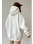 Kadın Oversize Beyaz Sweatshirt 3 Iplik Şardonlu Kapüşonlu Cepli – Rahat Kalıp 2