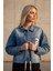 Kadın Mavi Baskılı Düğmeli Uzun Kollu Jean Oversize Kot-Denim Ceket - Yeni Sezon Kadın Ceket 2