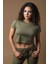 Tırmanan Kedi Baskılı Haki Crop Top 2