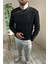 Erkek Siyah Örgülü Slim Fit Bisiklet Yaka Triko Kazak 1