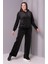 Kadın Büyük Beden Siyah, Kapüşonlu Taş Işli Kadife Eşofman Takım 65N39182 1