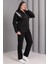 Kadın Büyük Beden Siyah, Baskı Detaylı Kapüşonlu Eşofman Takım 4