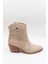 Kadın Hakiki Süet Deri Mat Sivri Burun Slip On Kalın Kısa Topuklu Kovboy Bot VN2454112K - Bej - 36 1