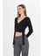Kadın Kruvaze Uzun Kollu Bağlamalı Crop Top Bluz Siyah 2
