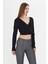 Kadın Kruvaze Uzun Kollu Bağlamalı Crop Top Bluz Siyah 3