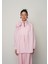 Çiçek Detaylı Pembe Beyaz Çizgili Kadın Gömlek - %100 Pamuk, Oversize, Uzun Kesim 1