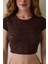 Kahverengi Bisiklet Yaka Dantelli Crop Üst 13
