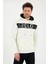Erkek 3 İplik Pamuklu İçi Polarlı Regular Fit Nakışlı Kapüşonlu Kanguru Cepli Ekru Sweatshirt 5