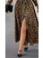 Kadın Uzun Kollu Yakalı Belden Kuşaklı Leopar Desenli Modal Uzun Elbise 3