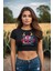 Cute Little Monster Baskılı Siyah Crop Top 1