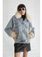 Kadın Kürk Yakalı Kot Ceket Şişme Puffer Detaylı Oversize Kışlık Denim Mont 1