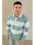 Erkek Polo Yaka Uzun Kollu Çizgili Sweatshirt Trend Rugby Stil - Çağla Yeşili 1