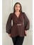 Zincir Tokalı Kruvaze Yaka Şifon Kollu Siyah ve Kahverengi Ceket Bluz 1386 2