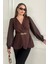 Zincir Tokalı Kruvaze Yaka Şifon Kollu Siyah ve Kahverengi Ceket Bluz 1386 3