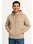 Erkek Üç Iplik Kapüşonlu Tam Fermuarlı Kanguru Çepli Sweatshirt Hoodie - Bej 4
