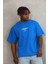 Unisex Oversize Baskılı Bisiklet Yaka T-Shirt - Mavi 2