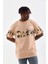 Unisex Bisiklet Yaka Baskılı Oversize T-Shirt - Bej 1