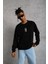 Unisex Bisiklet Yaka Baskılı Oversize Sweatshirt - Siyah 2