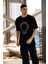 Unisex Bisiklet Yaka Baskılı Oversize T-Shirt - Siyah 4