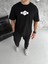 Unisex Bisiklet Yaka Baskılı Double Oversize T-Shirt - Siyah 2