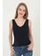 Kadın V Yaka Fırfır Detay Crop - Siyah -Vlmr 1