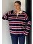 Kadın Yarım Düğmeli Çizgi Desenli Triko Kazak P-00019019 2