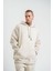 Unisex Double Oversize Kapşonlu Yıkamalı Sweatshirt - Krem 5